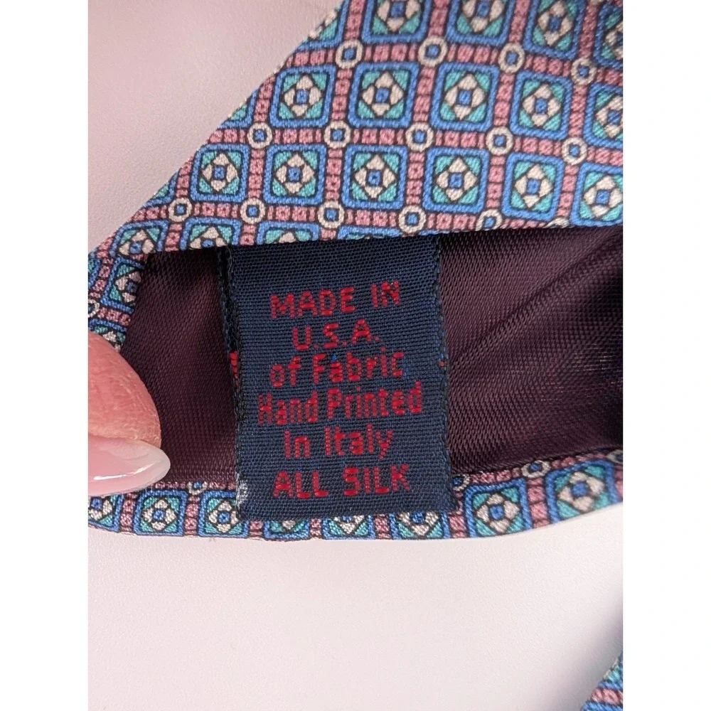 VTG Rooster Pink Blue Geometric Silk Tie USA Italian Fabric‎ Preppy Heritage
